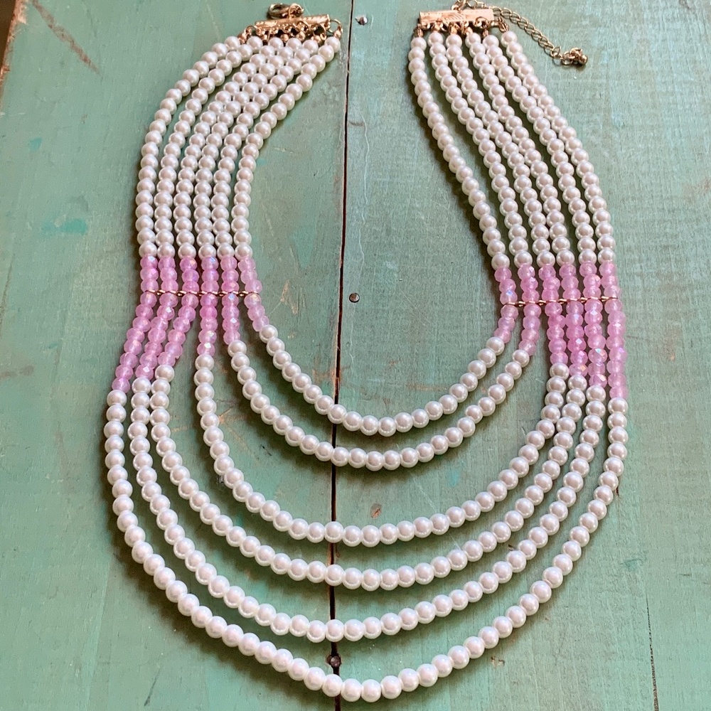 White Glass Pearls & Pink Crystal Multi Strand Festoon Necklace - NWOT